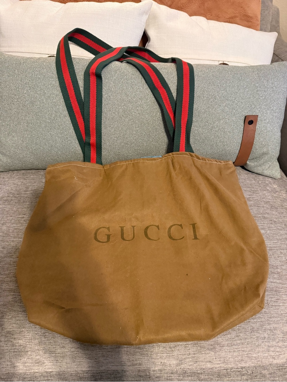 Recycled Gucci Tan Canvas Tote with Green & Red Webbing Straps and blue interior